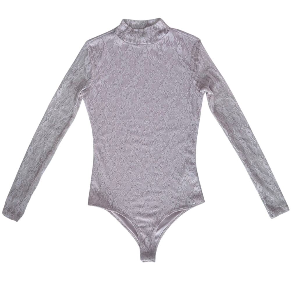 SELF E Lace Bodysuit Sheer Long Sleeves Mock Neck Size XS Light Pink